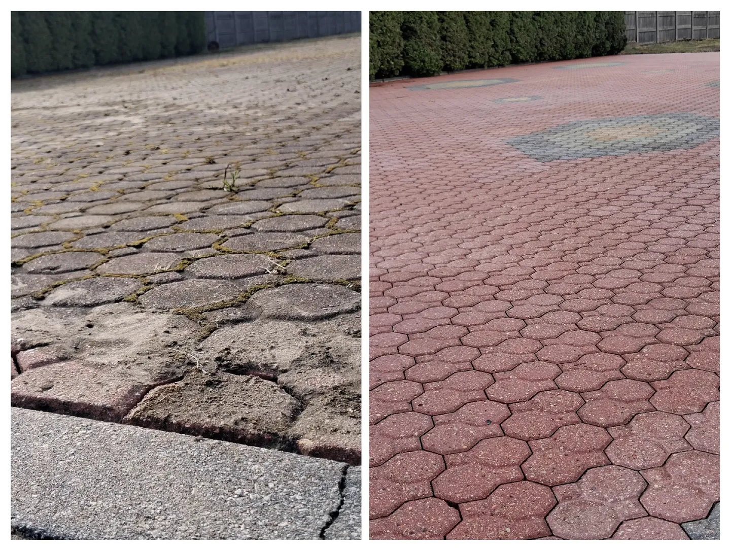 Plac z kostki brukowej przed i po czyszczeniu