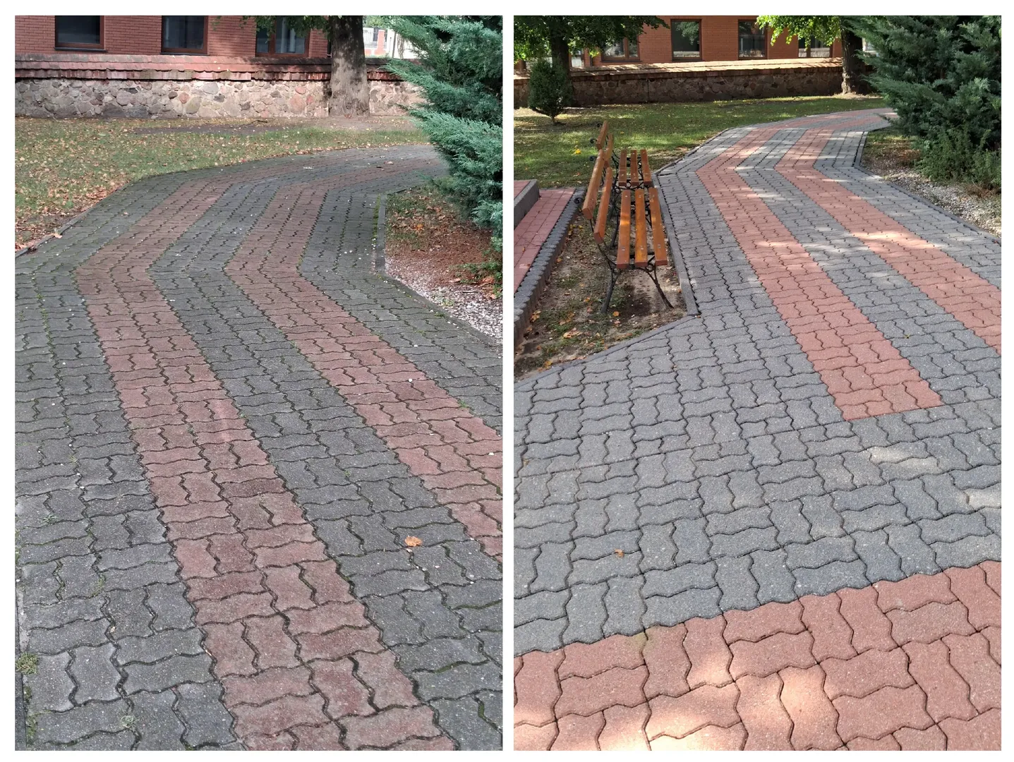 Alejka parkowa przed i po myciu kostki