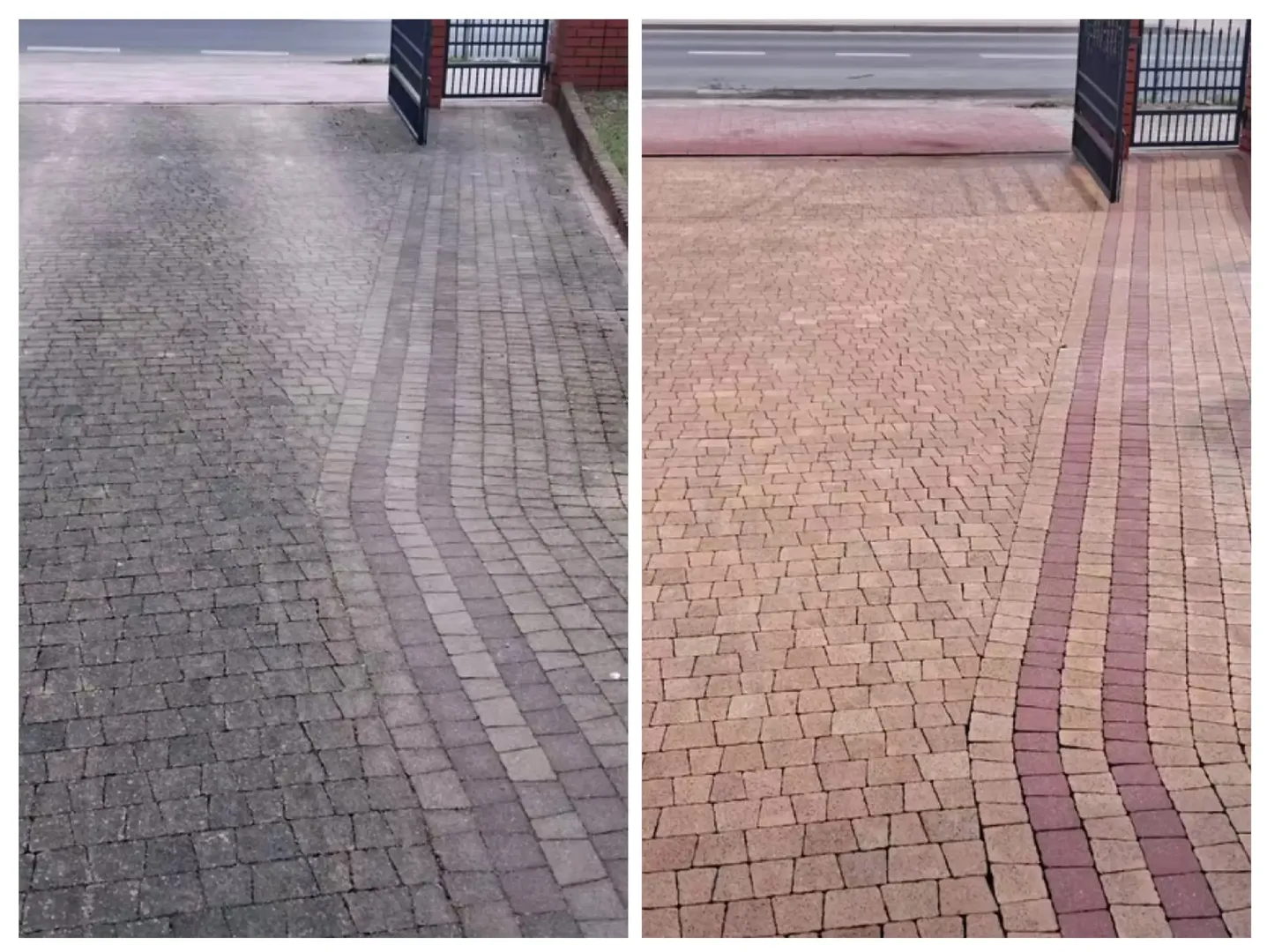 Wjazd na posesję przed i po myciu kostki