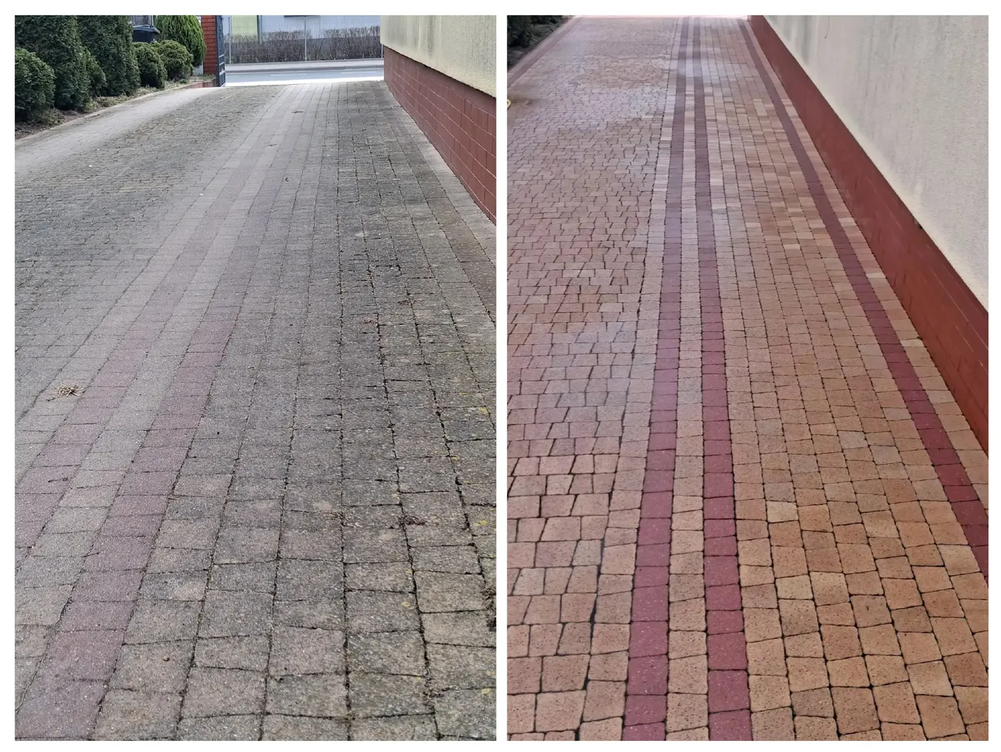 Chodnik przy budynku przed i po myciu