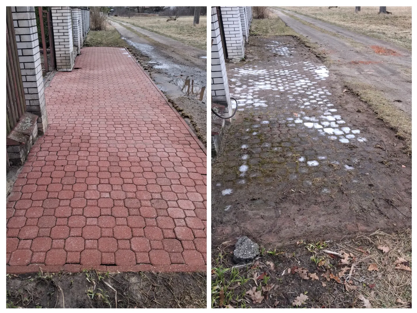 Podjazd z czerwonej kostki przed i po myciu
