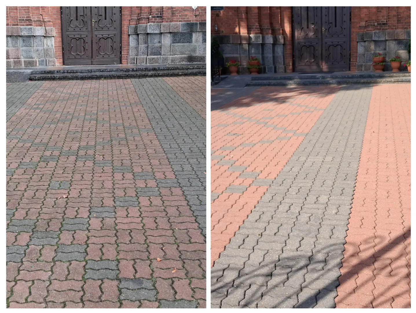 Nawierzchnia przed wejściem do kościoła przed i po myciu